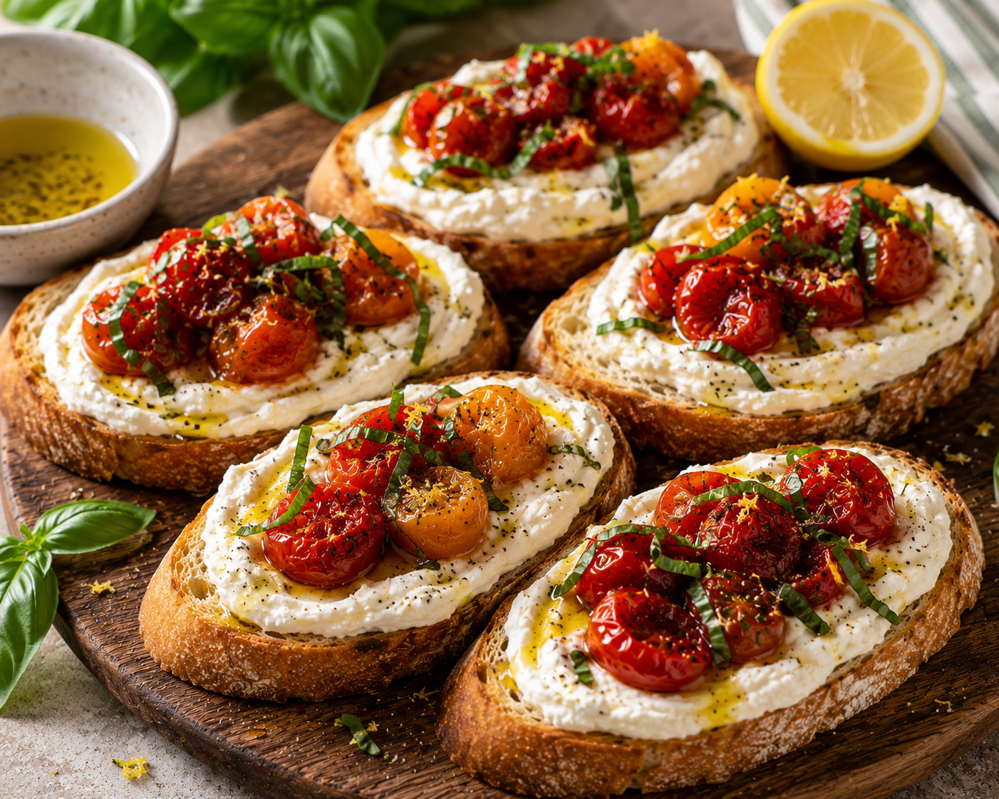 Crostini Italianos de Ricotta Cremosa con Tomates Salteados 