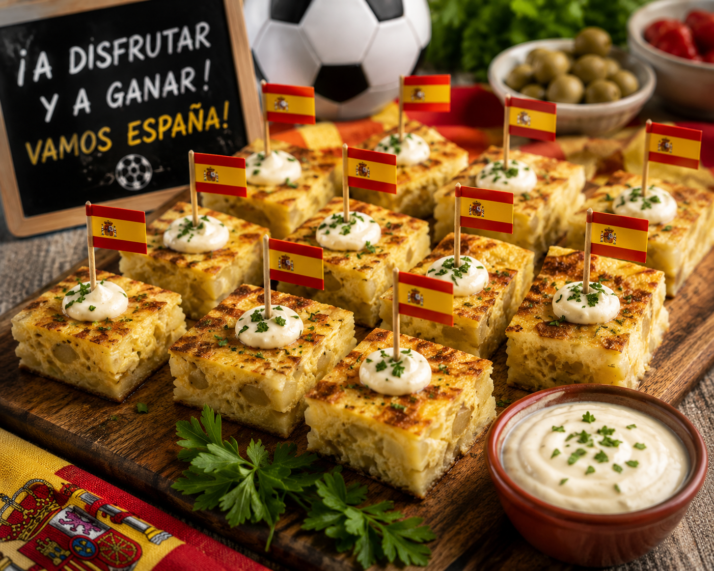 Cuadritos Faciles  de Tortilla Española con Aioli Cremoso de Ajo 